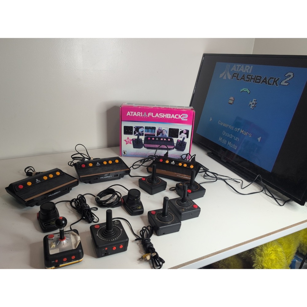 Mixed Lot Atari Flashback 2, 3 & 5 Plug & Play Gaming Consoles + Joysticks & Box